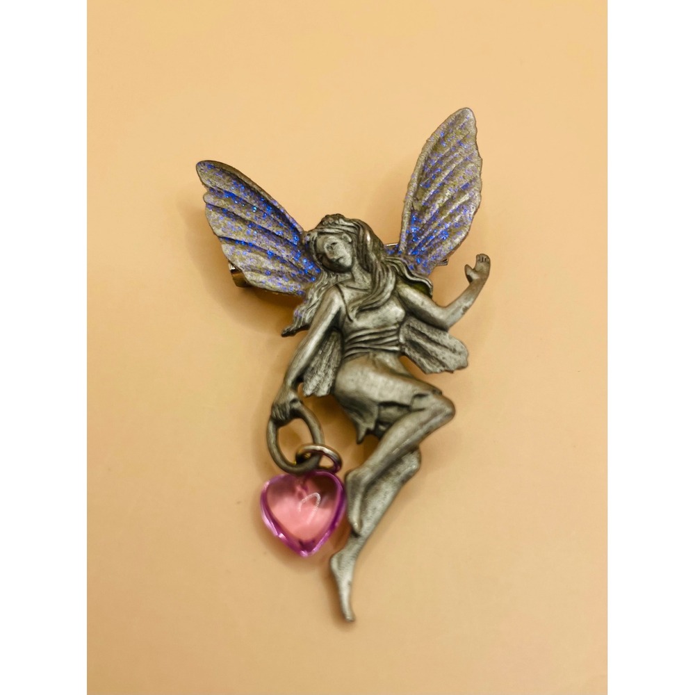 JJ Jonette Jewelry Vintage Pewter‎ Fairy Brooch Purple Glitter Wings Pink Heart